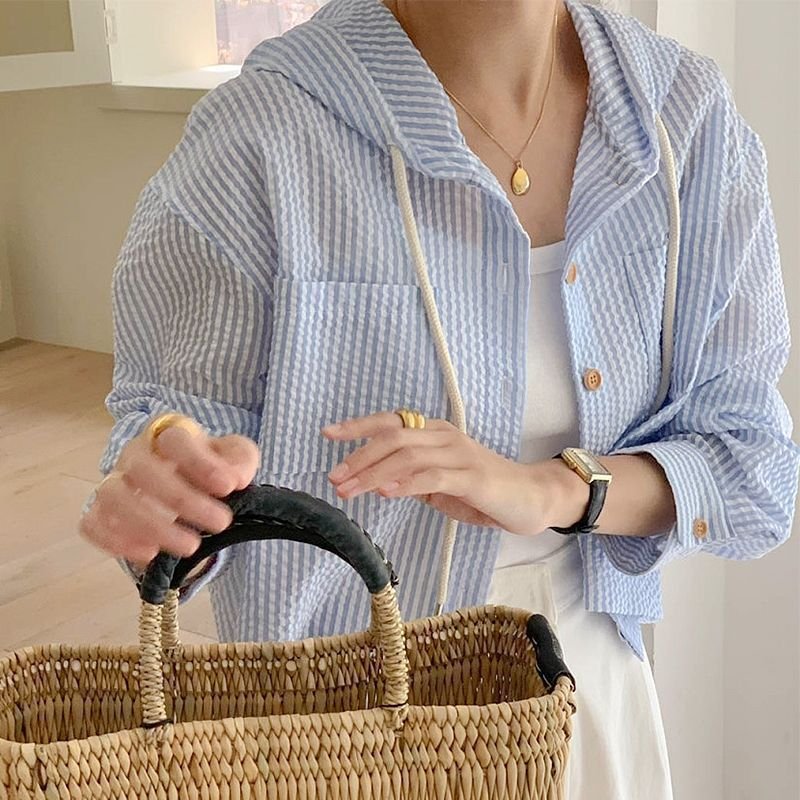 シャツ 長袖 ボーダー ストライプ 無地 春夏 カジュアル 前開き 春 ショート 夏 シンプル 切り替えデザイン フード ボタン ポリエステル