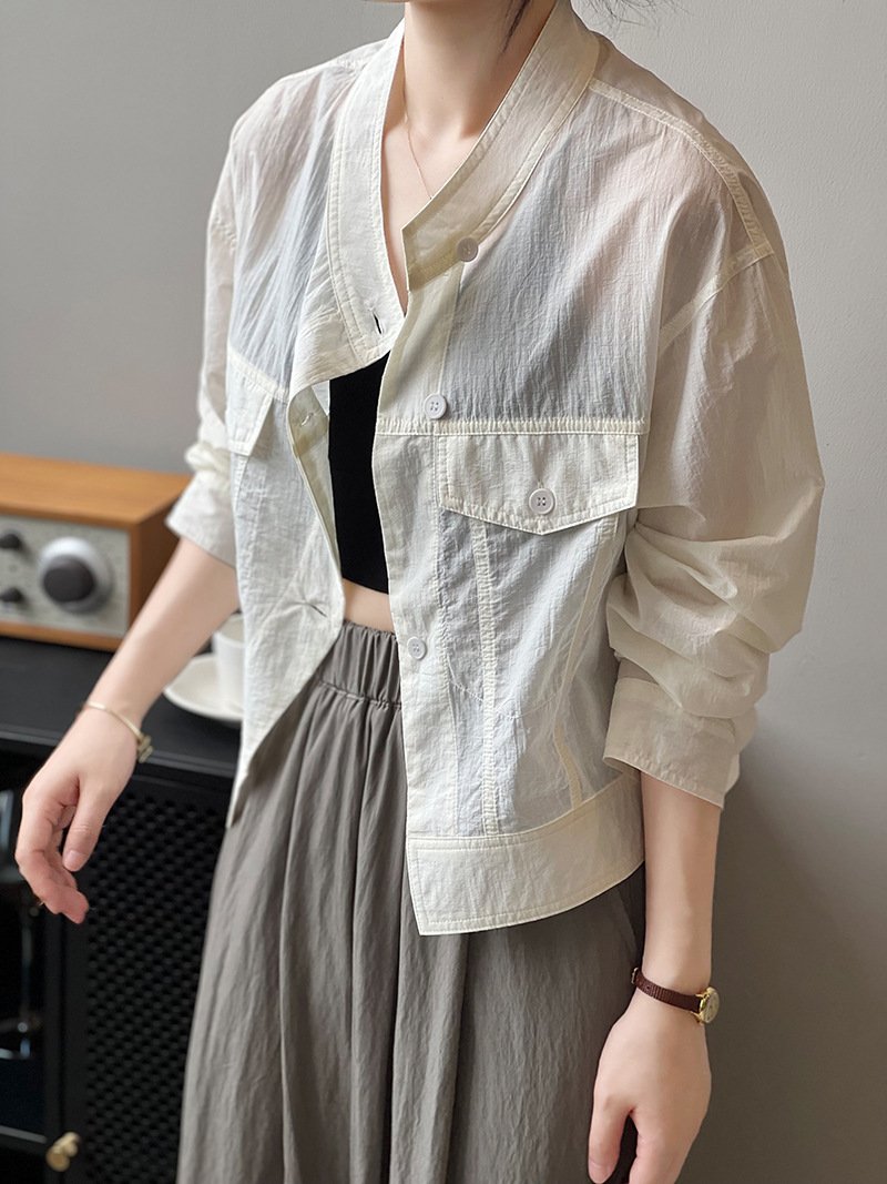 レディース シャツ コート 長袖 夏 韓国風 春夏 前開き ショート 薄手 スタンドカラー アウター ボタン ポリエステル