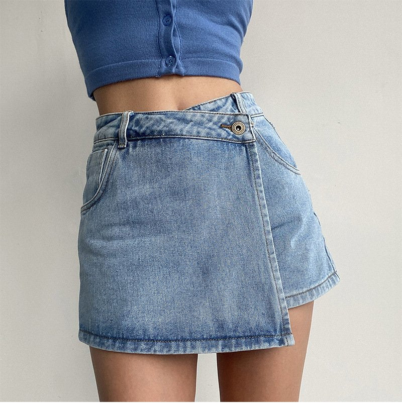 レディース パンツ スカート コットン 綿 デニム 春夏 春 ショート 夏 ショートパンツ Aライン ハイウエスト タイ ポリエステル 細見え