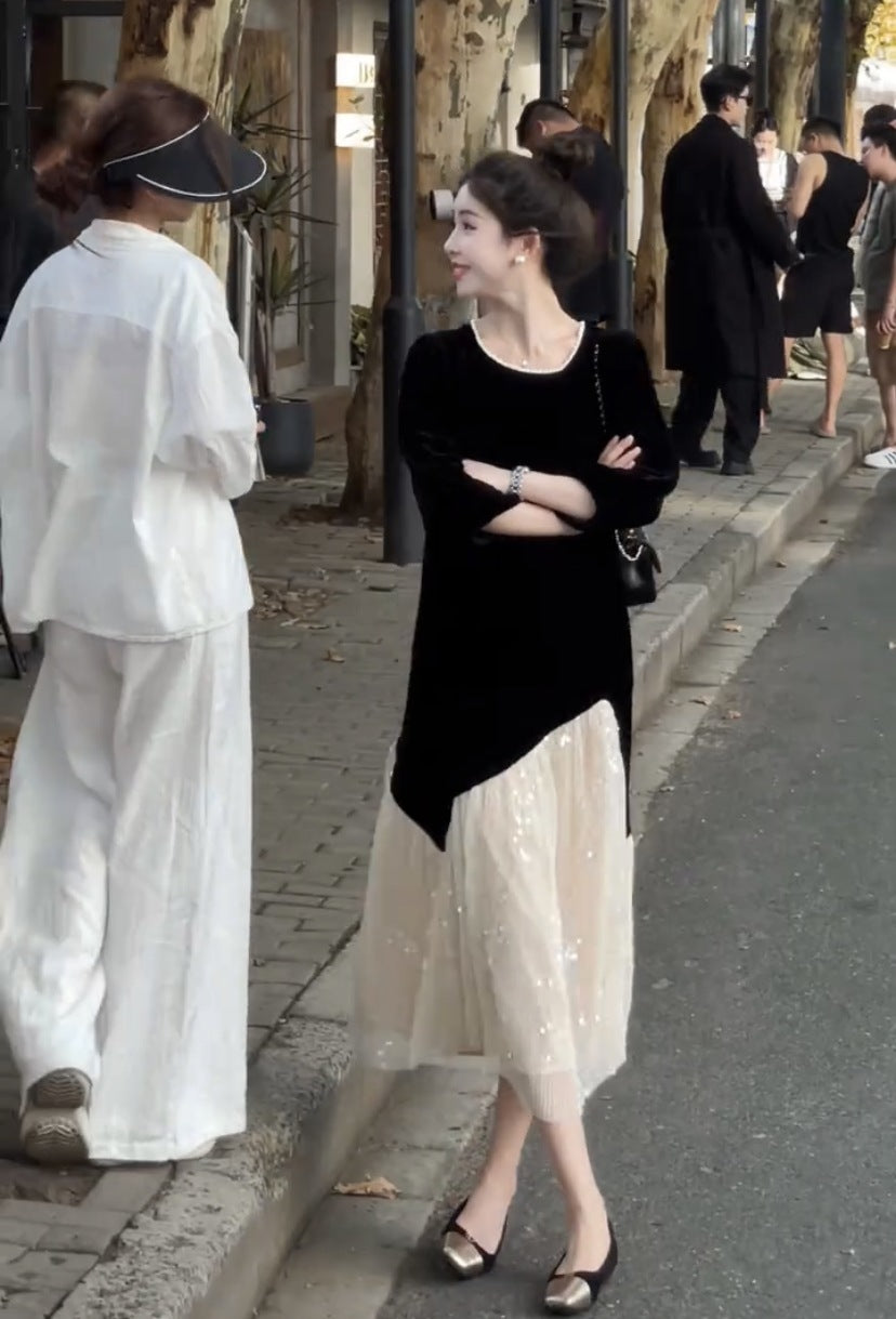 レディース ワンピース 膝下 ミモレ ロング 長袖 ドロップショルダー ラウンドネック Aライン 裾ワイド フェミニン 切り替えデザイン バイカラー 配色 レース 異素材ミックス バイカラー かわいい 大人可愛い きれいめ シンプル おしゃれ こなれ感 エレガント 存在感 抜け感 ラグジュアリー シック 無地 秋冬 誕生日 ハロウィン クリスマス バレンタイン デート お出かけ イベント レストラン 女子会 ホテル コンサート 清楚 インスタ映え L XL 2XL 3XL 大きいサイズ ベーシックカラー