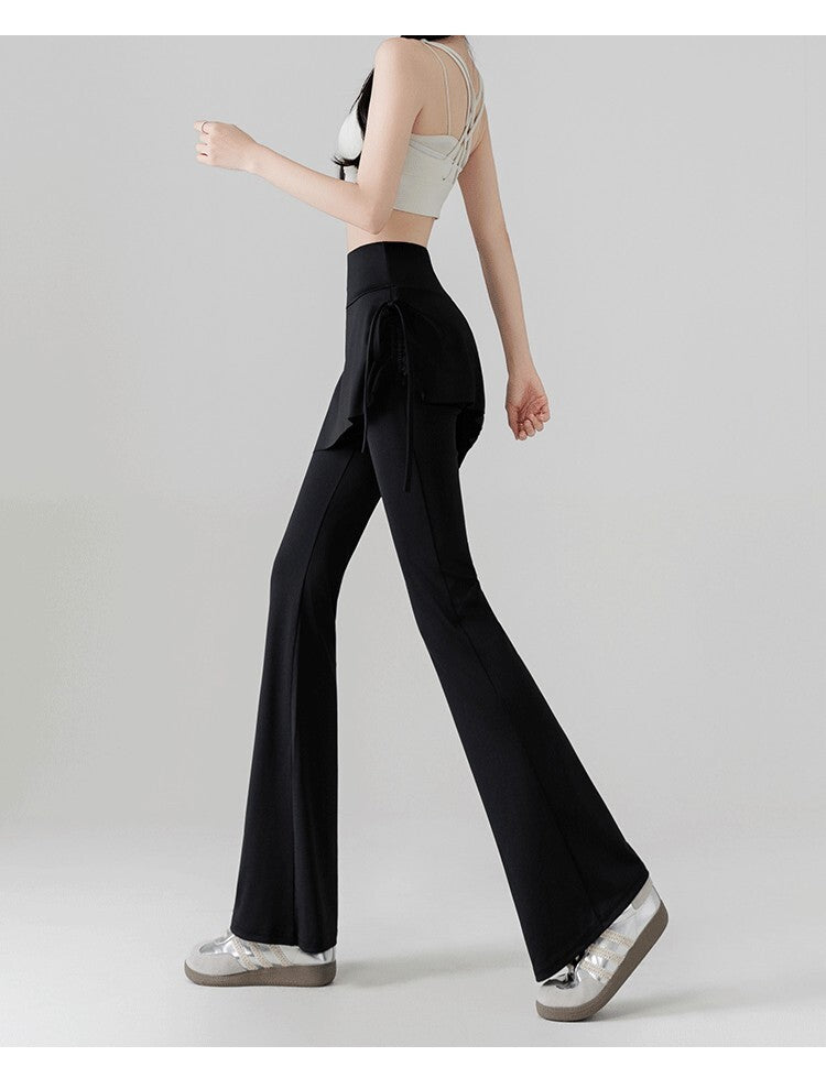 レディース ボトムス ロングパンツ フレアパンツ 重ね着風 フェイクレイヤード アシンメトリー 切り替え 裾ワイド フェミニン リボン ハイウエスト かわいい 大人可愛い きれいめ シンプル カジュアル 上品 おしゃれ こなれ感 スポーティー ガーリー 抜け感 無地 春 夏 秋 学生 学校 通学 お出かけ お泊まり ジム 公園 女子会 休日 高原 ガーデン ショッピング カフェ ダンス ヨガ トレーニング 美脚 脚長 普段使い 着回し M L XL 黒 ブラック グレー