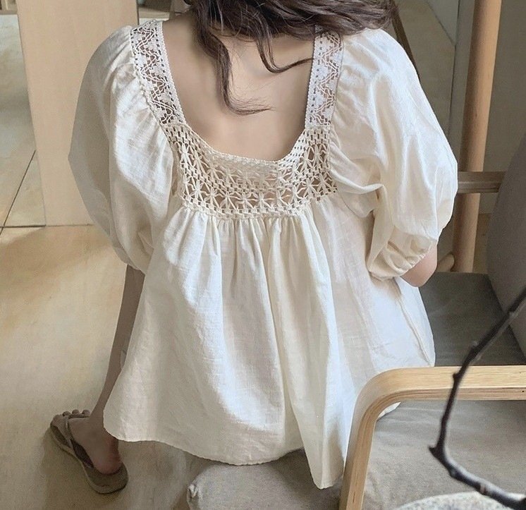 レディース シャツ トップス 半袖 無地 ゆったり 春夏 体型カバー 前開き ミニ 春 夏 スクエアネック レース シンプル 切り替えデザイン プルオーバー フェミニン レギュラー ポリエステル