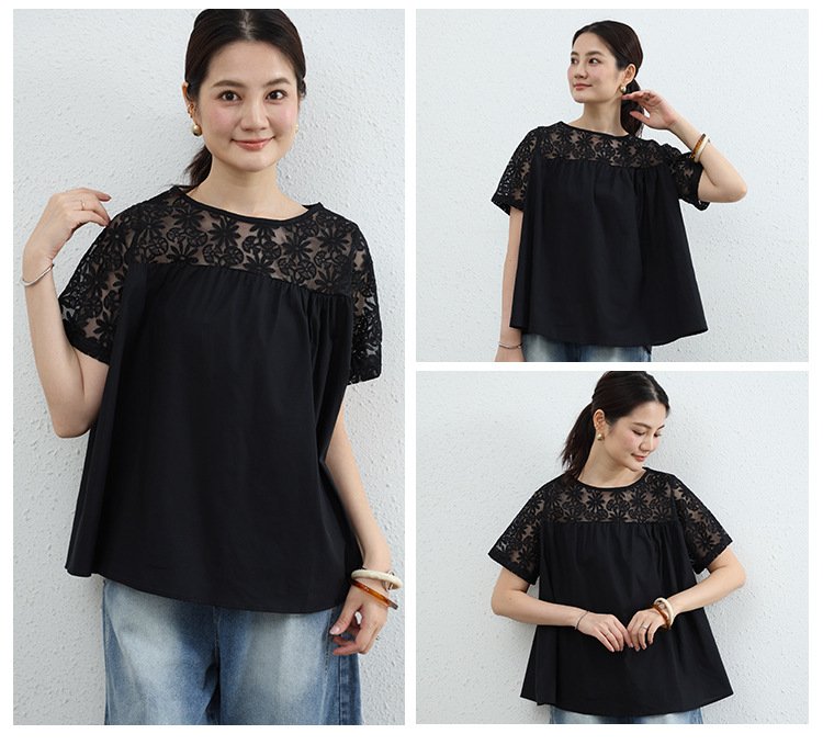 シャツ トップス Tシャツ 半袖 無地 ゆったり 春夏 きれいめ 通勤 大きいサイズ 前開き 春 夏 ラウンドネック レース シンプル 上品