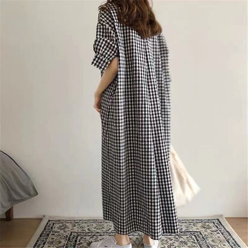 ワンピース 半袖 チェック柄 春夏 春 夏 膝下 ロング コットン アクリル