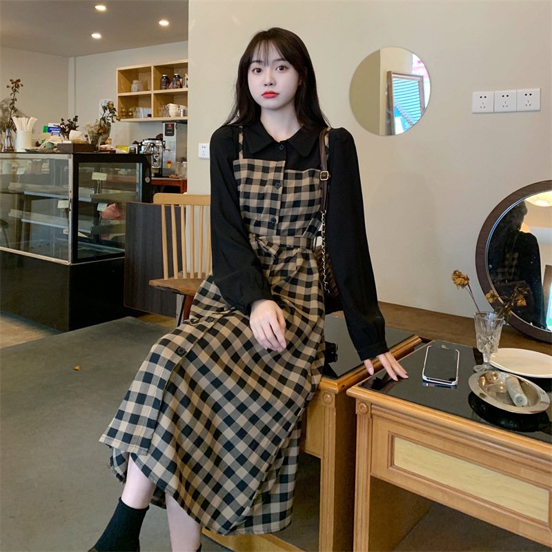ワンピース 長袖 チェック柄 春 秋 レトロ 春夏 ぽっちゃり 襟付き