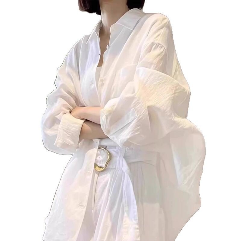 シャツ ジャケット 長袖 無地 ゆったり 春夏 レトロ 前開き 春 夏 ホワイト シンプル 切り替えデザイン レギュラー ポリエステル 春服