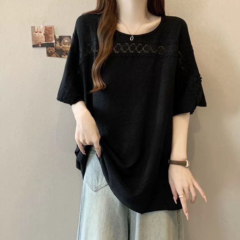 レディース シャツ トップス Tシャツ 半袖 無地 ゆったり 春夏 きれいめ 通勤 大きいサイズ おしゃれ 体型カバー 前開き 春 夏 ラウンドネック タイト レース シンプル 細身 シフォン タイ 都会的 レギュラー 着痩せ