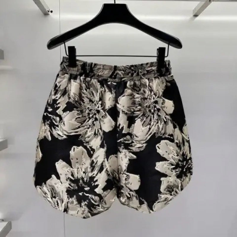 レディース パンツ 花柄 プリント ワイド カジュアル きれいめ 通勤 ボトムス ショート ショートパンツ タイ 着痩せ