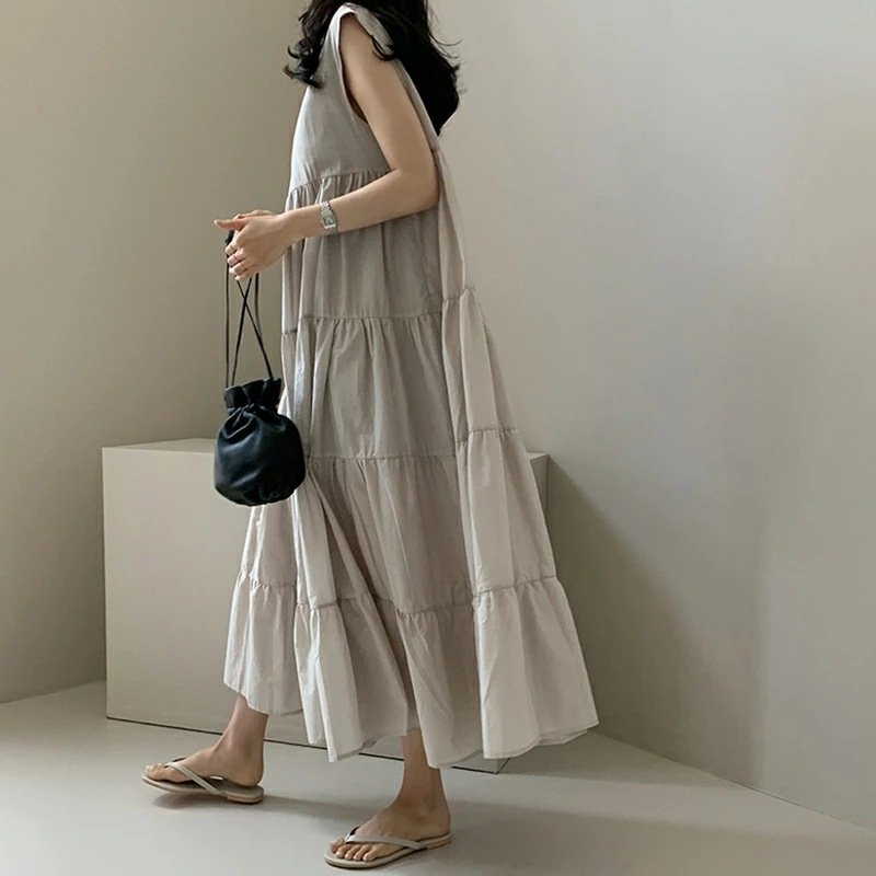 ドレス ノースリーブ ボーダー ストライプ 無地 秋 冬 袖なし ラウンドネック シンプル リゾート ロング フリル 切り替えデザイン