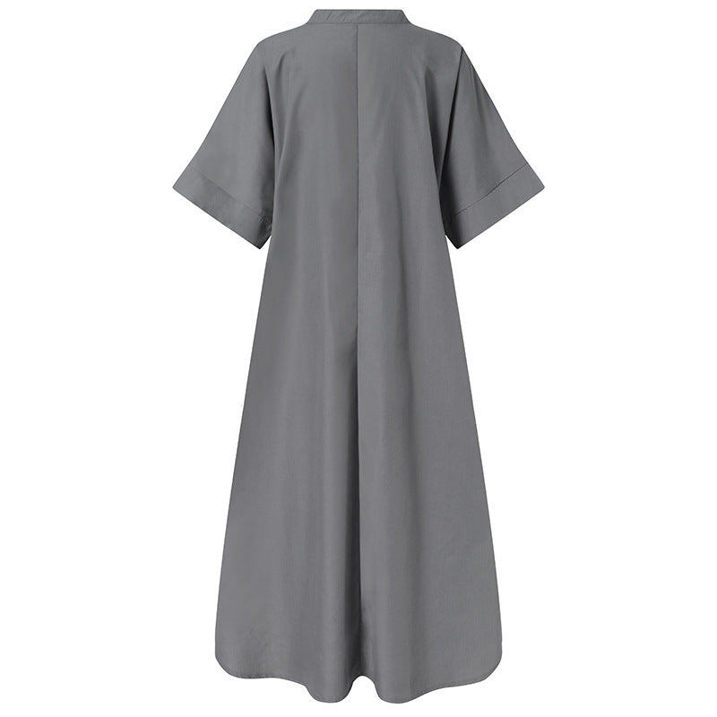 レディース ワンピース ロング マキシ 丈長 5分袖 キーネック ワイド Aライン オーバーサイズ 大人可愛い きれいめ シンプル カジュアル おしゃれ こなれ感 ラフ ルーズ 存在感 抜け感 ナチュラル 無地 春 夏 ママ 通勤 学生 デート お出かけ お泊まり アウトドア リゾート 旅行 公園 女子会 休日 バカンス ショッピング カフェ ランチ お家時間 体型カバー トレンド 定番 S M L XL 2XL 大きいサイズ ゆったり ゆる 黒 茶色 グレー ネイビー ベーシックカラー 大人カラー