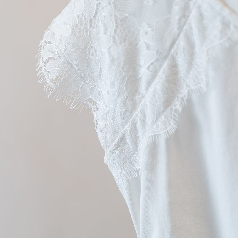 レディース トップス Tシャツ 半袖 コットン 綿 春夏 カジュアル プリーツ 春 ショート 夏 膝丈 ラウンドネック タイト レース シンプル 細身 クルーネック シャツ フレンチスリーブ タイ 着痩せ