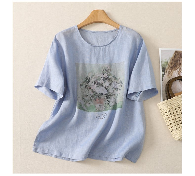 トップス Tシャツ 半袖 プリント ゆったり コットン 綿 リネン 春夏 きれいめ レトロ 通勤 体型カバー 春 夏 ラウンドネック シャツ 都会的 レギュラー 丸首