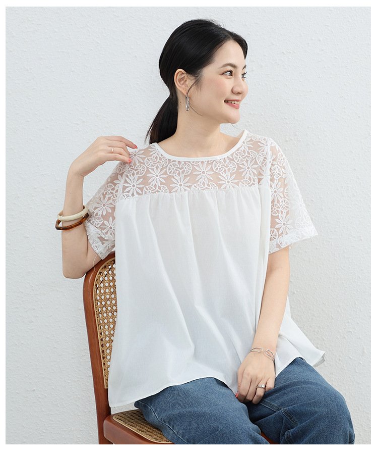 シャツ トップス Tシャツ 半袖 無地 ゆったり 春夏 きれいめ 通勤 大きいサイズ 前開き 春 夏 ラウンドネック レース シンプル 上品