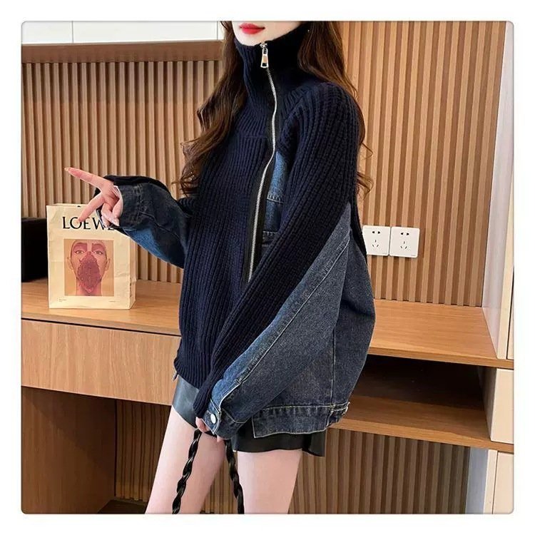 レディース ニット カーディガン コート 長袖 ゆったり デニム 秋 体型カバー 膝丈 セーター 襟付き ファスナー