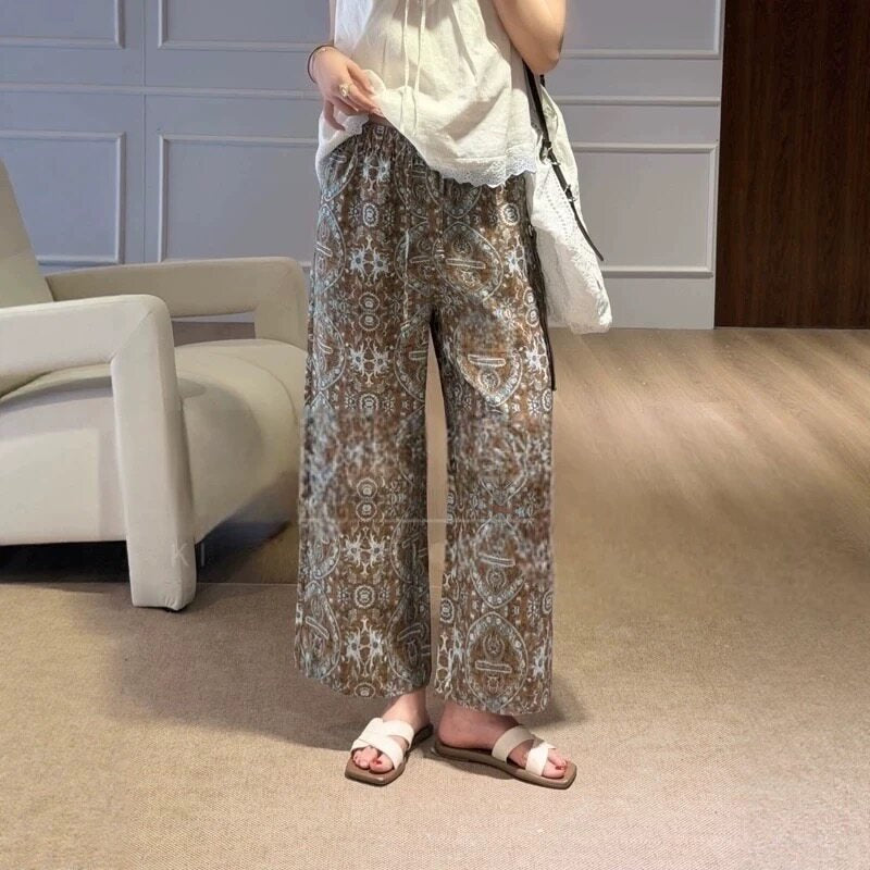 レディース パンツ 花柄 プリント ワイド リネン デニム 春夏 カジュアル きれいめ 通勤 春 夏 ストレート ワイドパンツ 薄手 ハイウエスト 都会的