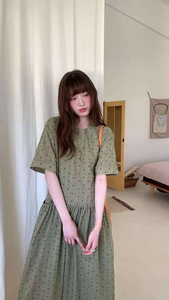 ワンピース 半袖 春夏 カジュアル きれいめ レトロ 体型カバー 通勤 春 夏 ラウンドネック ドット ロング Aライン