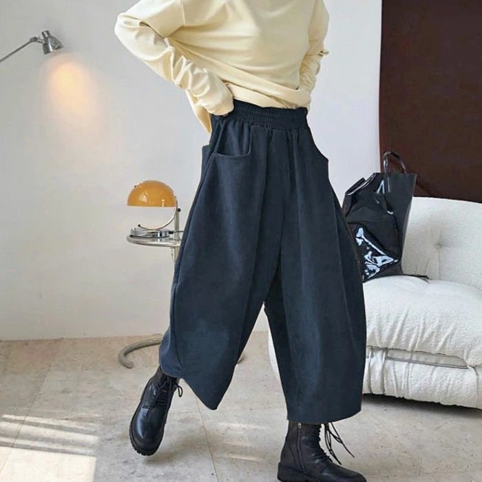 パンツ ゆったり 秋冬 秋 カジュアル 冬 韓国ファッション 薄手 切り替えデザイン ハイウエスト ポリエステル