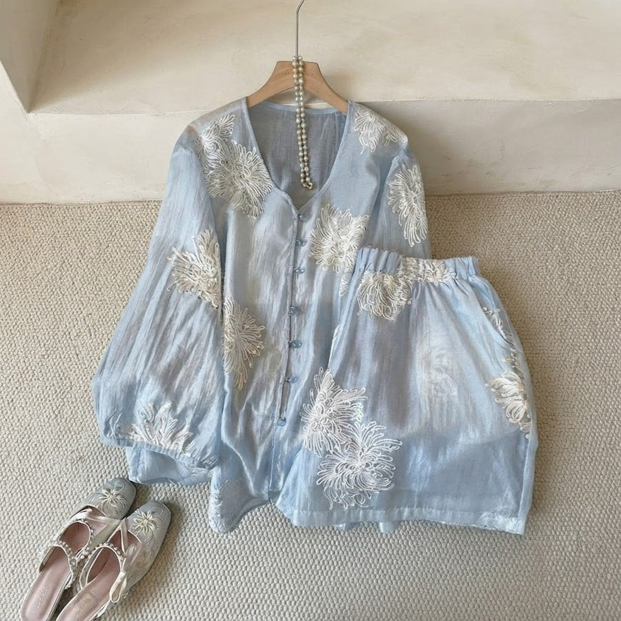 シャツ パンツ 長袖 ワイド 春夏 きれいめ 通勤 前開き 春 ショート 夏 ショートパンツ 刺繍 ハイウエスト セットアップ 都会的 ポリエステル