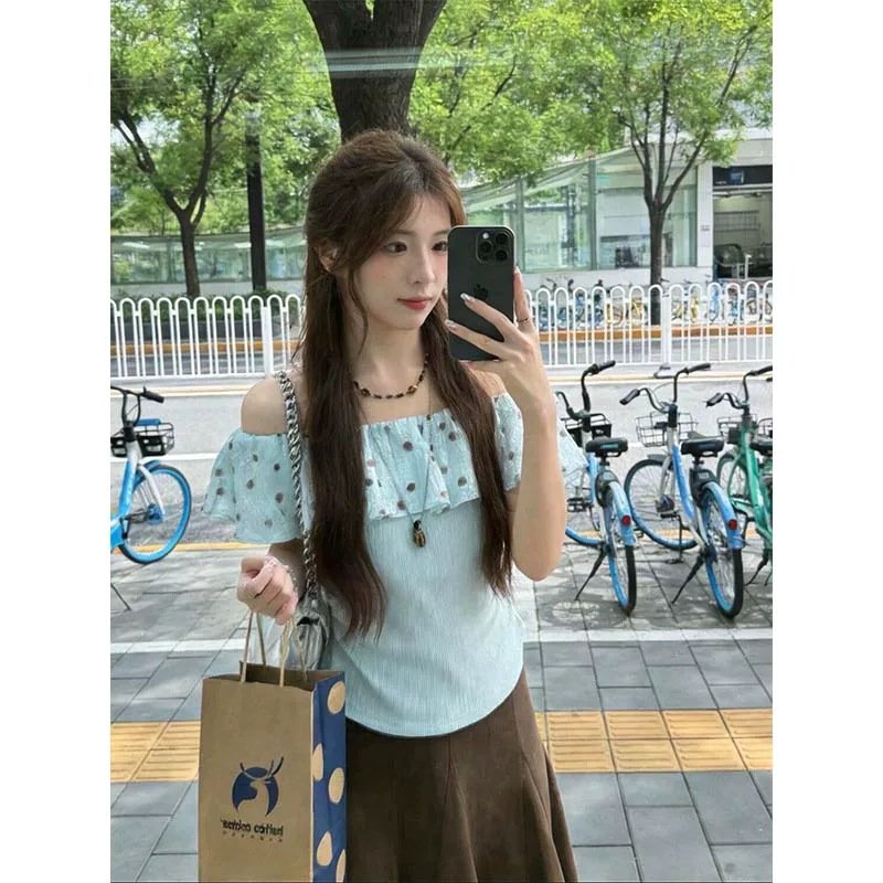 レディース ブラウス シャツ トップス 半袖 スリム 春夏 カジュアル 前開き 春 ショート 夏 フリル 切り替えデザイン オフショルダー グリーン Tシャツ ドット
