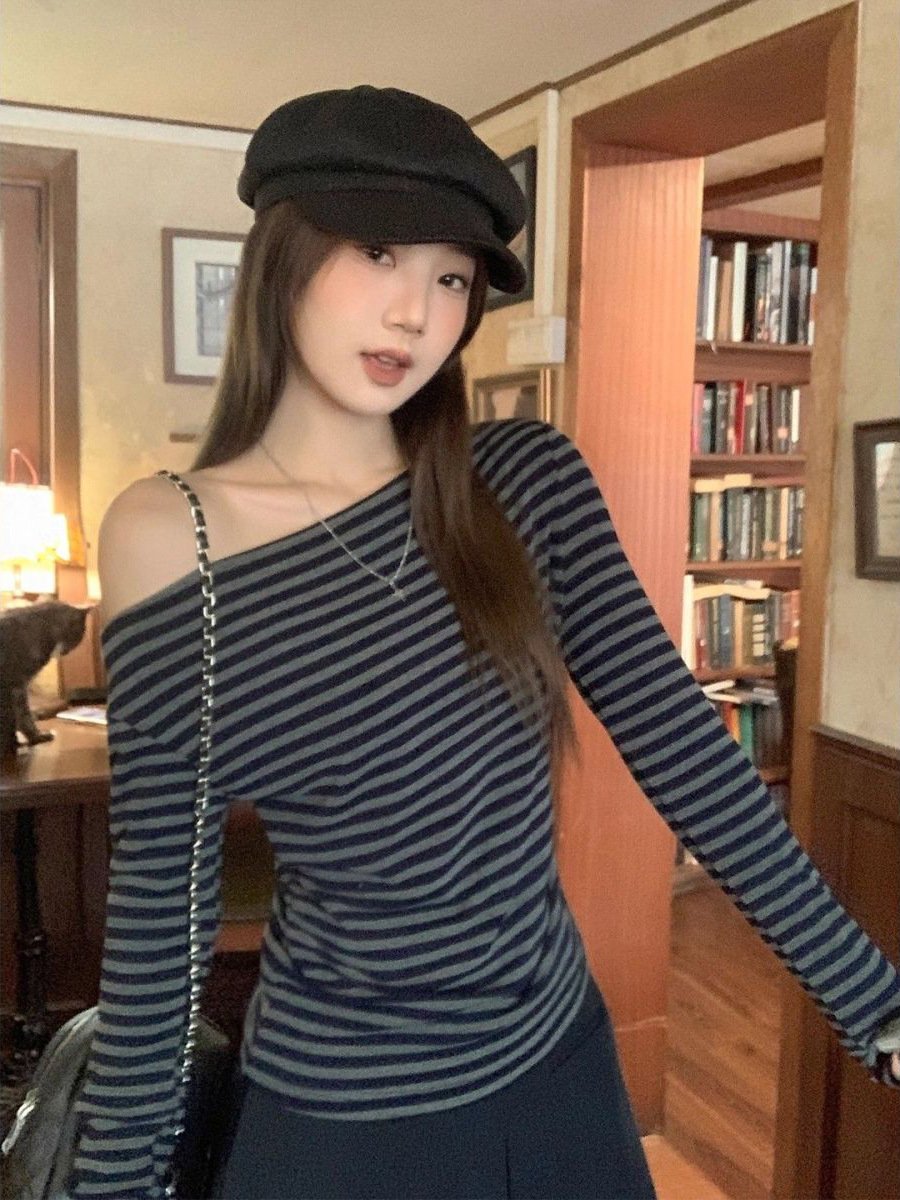 レディース トップス Tシャツ 長袖 ボーダー ストライプ チェック柄 スリム 秋冬 秋 きれいめ 通勤 オフィス 膝丈 タイト 冬 ブラック 細身 ロング グレー シャツ オフショルダー タイ ポリエステル 着痩せ