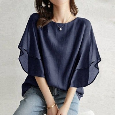 ブラウス 半袖 無地 ゆったり 春夏 カジュアル 体型カバー 前開き 春 夏 ラウンドネック シンプル シフォン 切り替えデザイン シフォンブラウス レギュラー 丸首