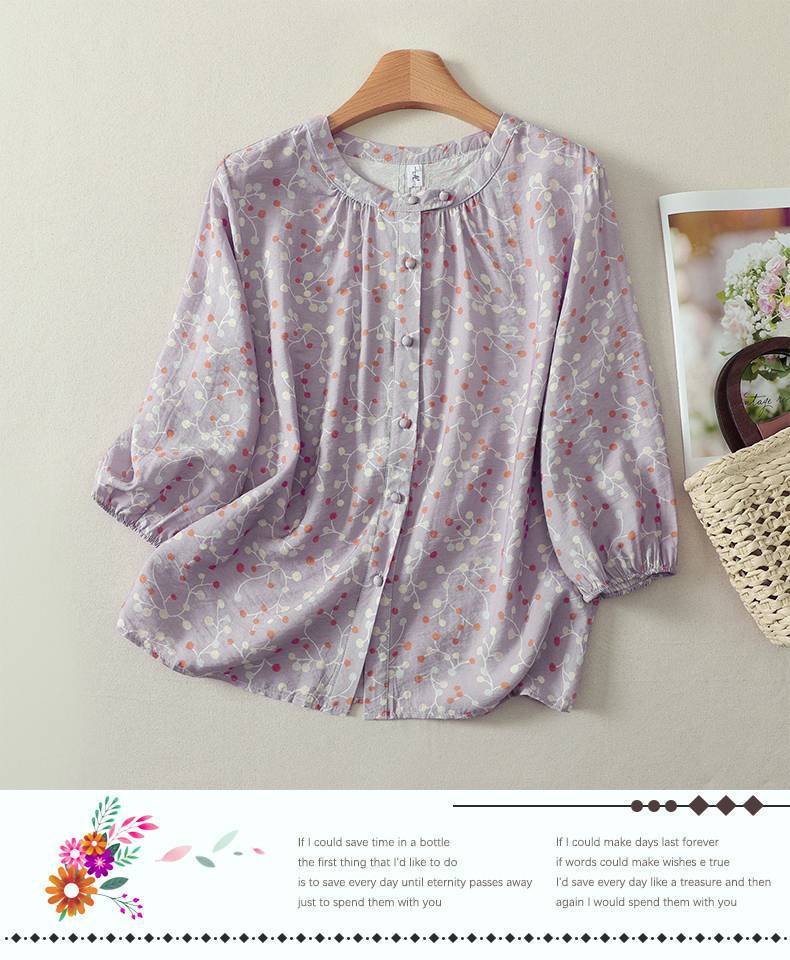 レディース シャツ トップス Tシャツ ドット柄 プリント コットン 綿 麻 春夏 カジュアル きれいめ 通勤 前開き デニム 春 夏 エレガント 立ち襟 ドット