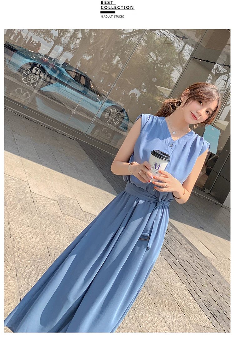 ワンピース ノースリーブ 無地 夏 きれいめ 通勤 春夏 袖なし Vネック シンプル ロング 上品 ウエストマーク