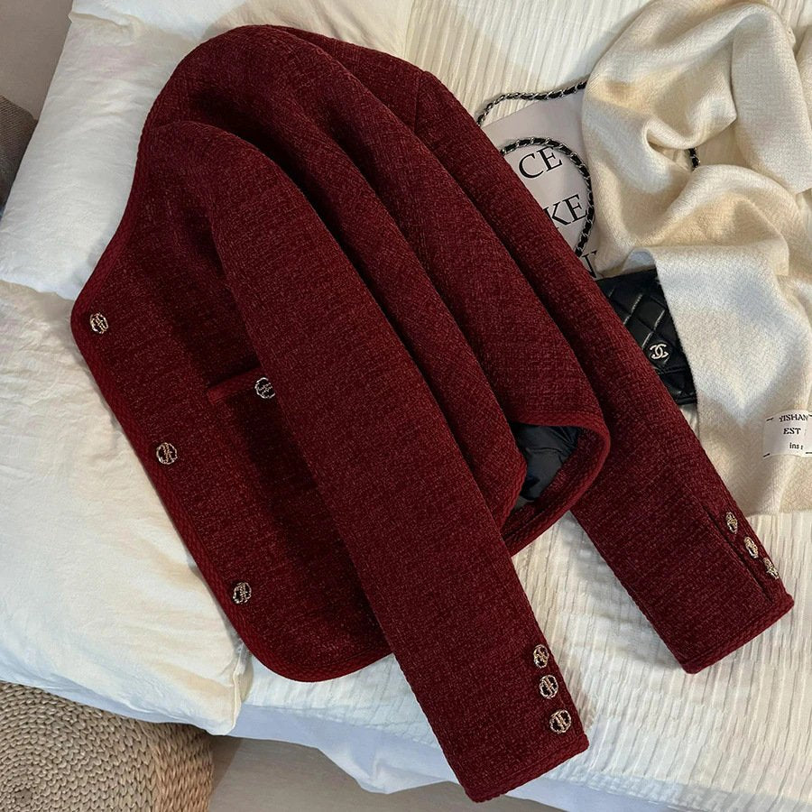 コート ジャケット 長袖 花柄 無地 秋冬 秋 きれいめ ショート ラウンドネック シンプル 冬 黒 上品 厚手 タイ ベルベット ポリエステル 丸首