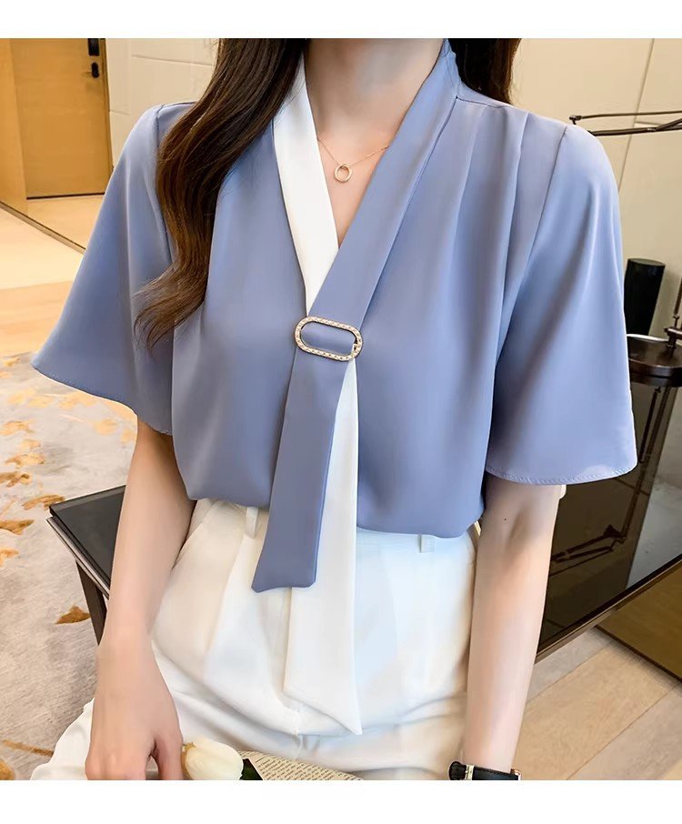 レディース ブラウス シャツ トップス 半袖 長袖 ゆったり 夏 秋冬 春夏 前開き Vネック 秋 冬 シフォン フリル ポリエステル