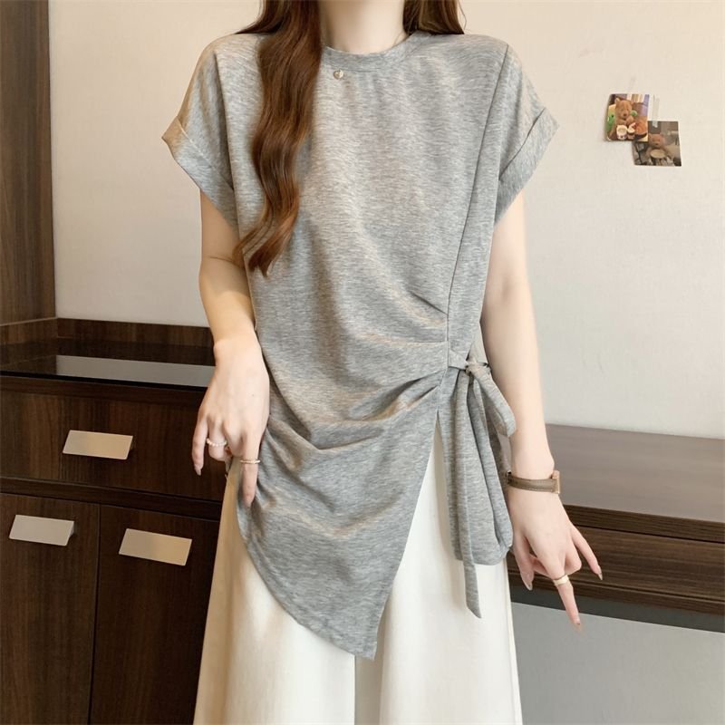 Tシャツ 半袖 ゆったり 春夏 カジュアル 春 夏 ラウンドネック レース ミモレ シャツ タイ レースアップ