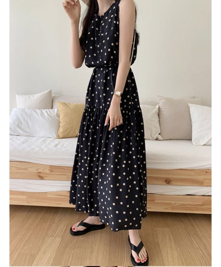 ドレス ノースリーブ 春夏 きれいめ 袖なし 春 夏 ラウンドネック ドット リゾート ロング