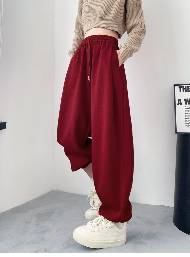 レディース パンツ ゆったり スリム 春 秋 カジュアル アメリカン 大きいサイズ ボトムス レッド ワインレッド レギンス タイ