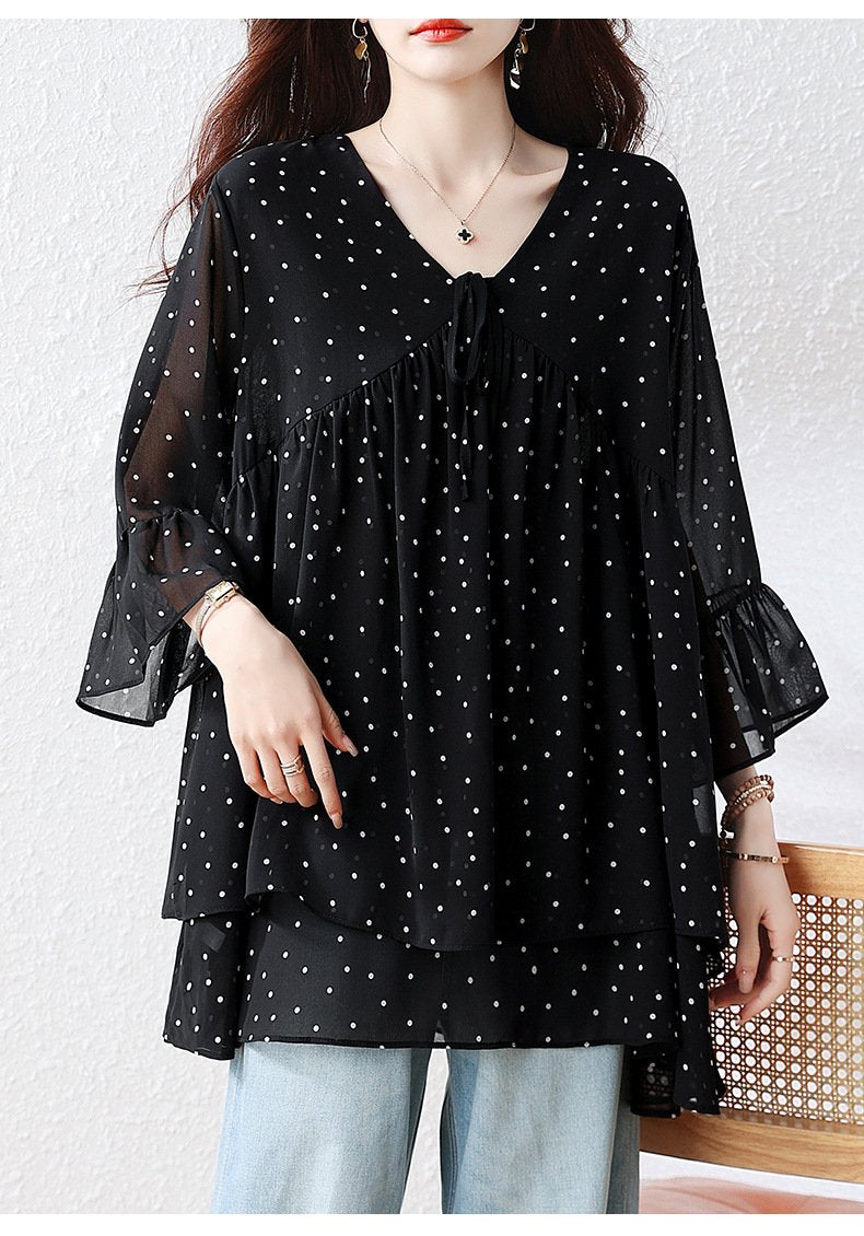 トップス ゆったり 春夏 カジュアル きれいめ 大きいサイズ Vネック 春 夏 上品 切り替えデザイン タイ レギュラー ドット