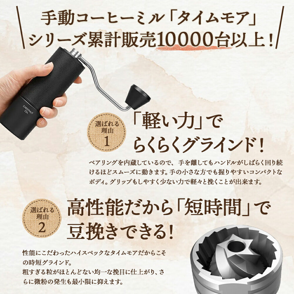 コーヒーミル手動タイムモアC2ブラックブラシ・収納袋付き容量20g日本語取説国内修理交換1年保証手挽きステンレスキャンプアウトドアギフトボックス珈琲ミル