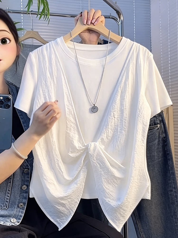 レディース Tシャツ 半袖 ゆったり コットン 綿 春夏 カジュアル 体型カバー 春 夏 ラウンドネック シャツ 切り替えデザイン レイヤード タイ レギュラー