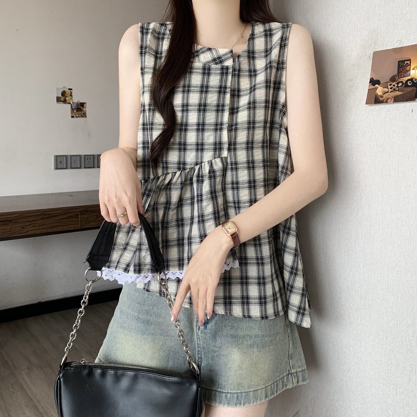 レディース シャツ チェック柄 春夏 きれいめ 大きいサイズ 前開き 春 夏 レース 上品 フリル Aライン レギュラー ポリエステル