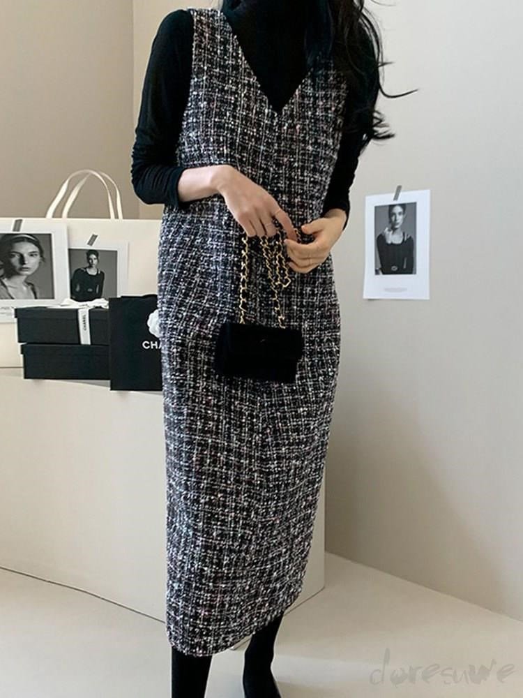 ワンピース ノースリーブ ボーダー ストライプ チェック柄 春 秋 カジュアル きれいめ 通勤 春夏 袖なし Vネック ロング 切り替えデザイン