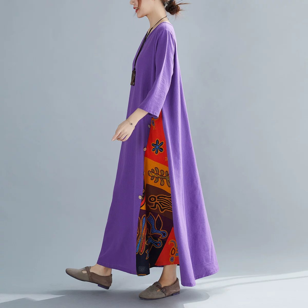 トップス 花柄 無地 春夏 きれいめ レトロ 春 夏 ラウンドネック 秋 シンプル 上品 ロング ステッチ ボタン ポリエステル