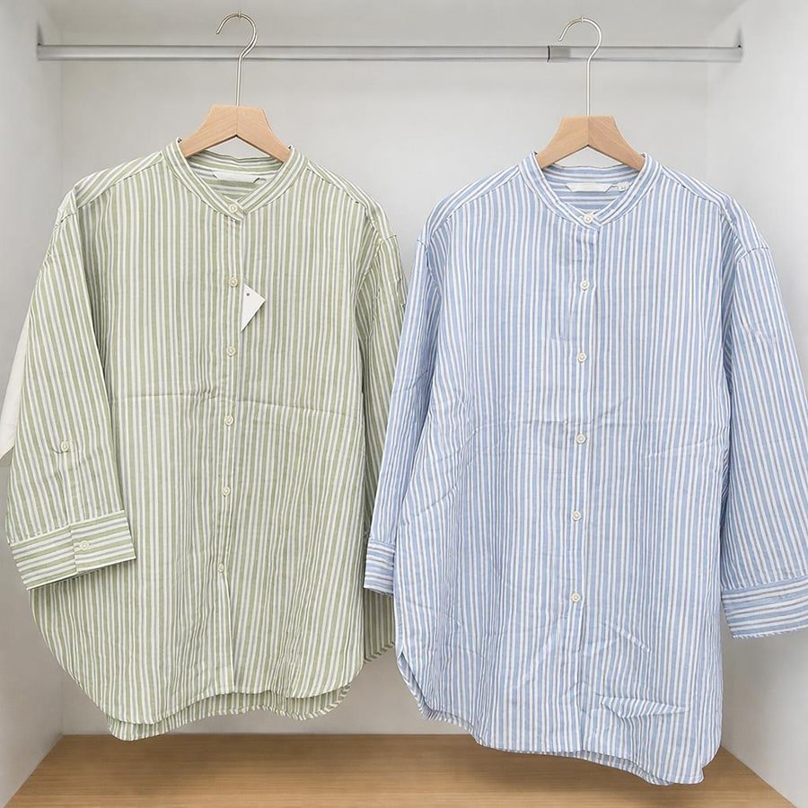 レディース シャツ 7分袖 ボーダー ストライプ チェック柄 ゆったり 春夏 カジュアル 体型カバー 前開き 春 夏 膝丈 ハイネック 切り替えデザイン スタンドカラー ボタン 立ち襟