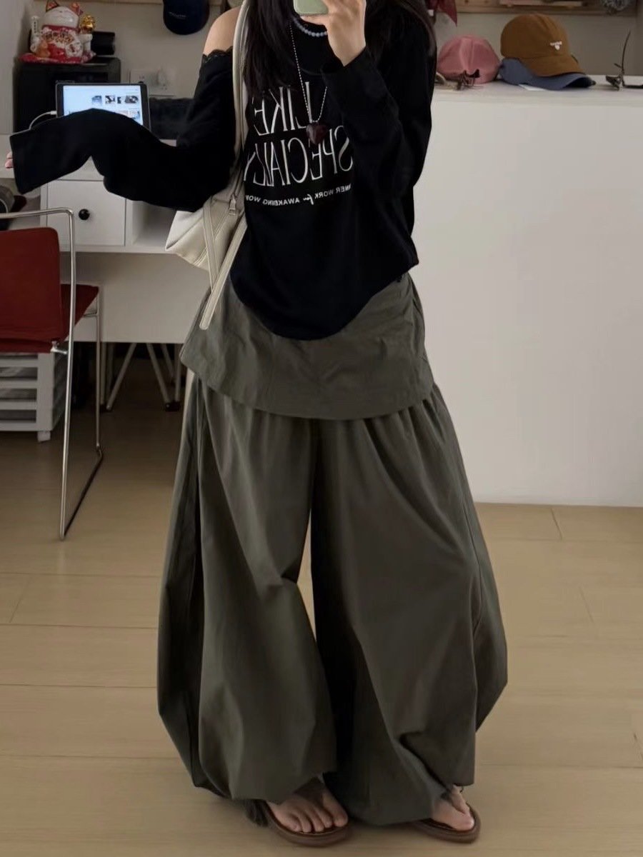 レディース パンツ ゆったり ワイド 春夏 カジュアル 春 2WAY 夏 ロング ブラウン ロングパンツ ハイウエスト 都会的 ポリエステル