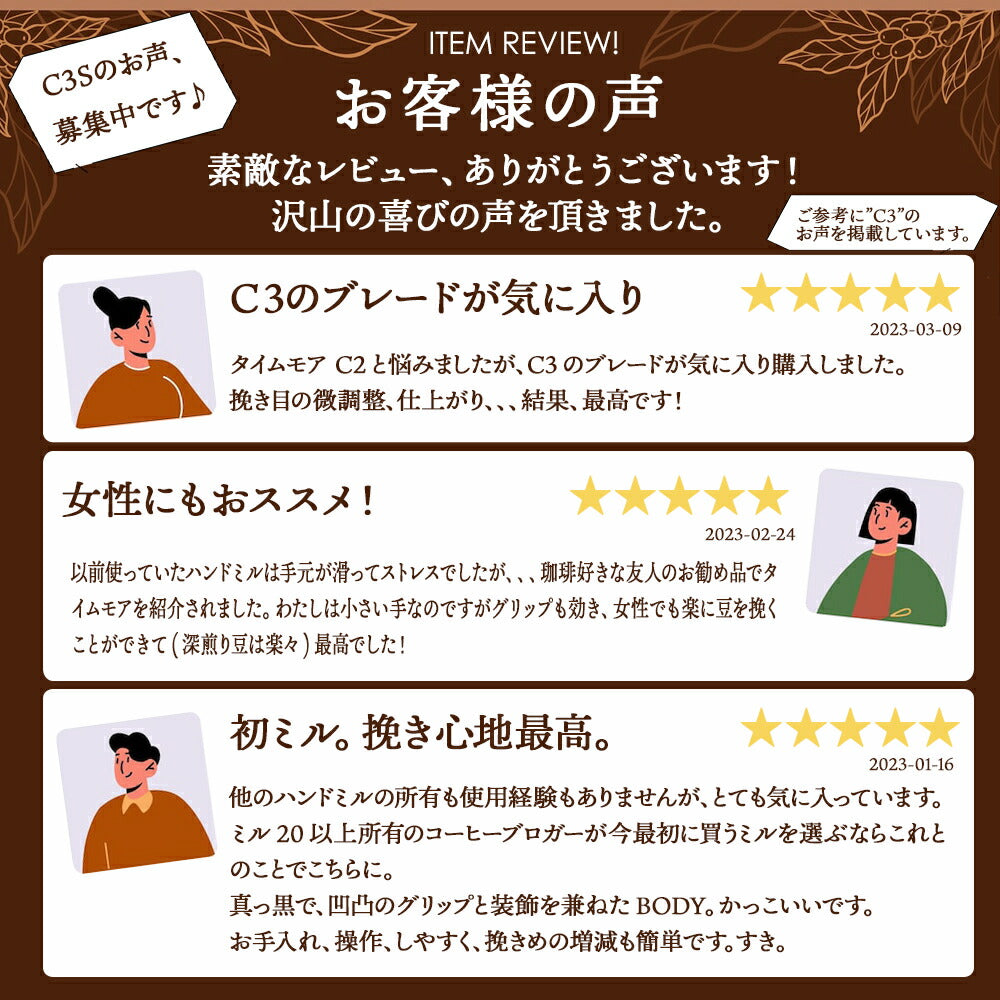 レビュー抜粋タイムモアC3S高評価実際の購入者の声静音性微粉の少なさ使用感満足ハンドミル