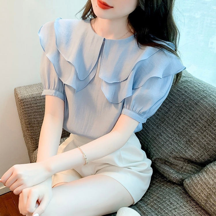 レディース トップス シャツ ブラウス 半袖 ボリューム袖 パフスリーブ フリルカラー ダブルカラー フェミニン シフォン かわいい 大人可愛い きれいめ シンプル 上品 おしゃれ ガーリー エレガント ラブリー キュート クラシカル ロマンティック 無地 春 夏 OL 通勤 デート お出かけ パーティー イベント レストラン 休日 ショッピング 普段使い 着回し 清楚 トレンド 流行 インスタ映え S M L XL 2XL 3XL 小さいサイズ 白 ホワイト オフホワイト ピンク 水色 ライトブルー