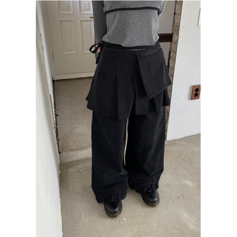 レディース スカート ワイドパンツ パンツ ボトムス ２点セット ワイド Aライン プリーツ フリル リボン ウエストリボン かわいい 大人可愛い おしゃれ ガーリー 主役級 存在感 抜け感 キュート ロマンティック ナチュラル デート お出かけ イベント 女子会 休日 ショッピング カフェ モノトーン 重ね着 体型カバー 美脚 脚長 普段使い 着回し レイヤード トレンド 流行 インスタ映え スタイルアップ スタイリッシュ ゆったり ゆる フリーサイズ ワンサイズ ダークグレー ブラック