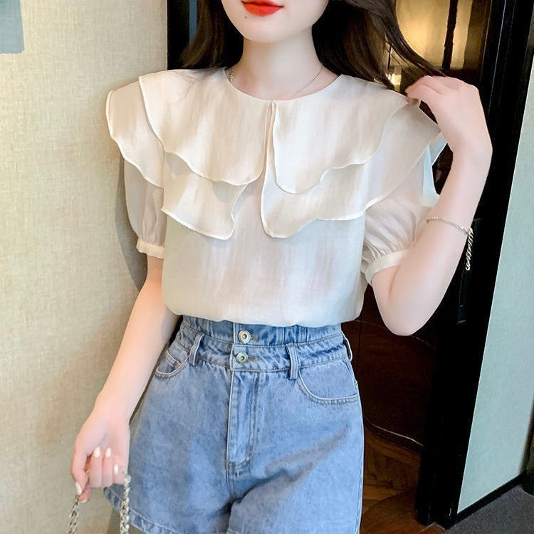 レディース トップス シャツ ブラウス 半袖 ボリューム袖 パフスリーブ フリルカラー ダブルカラー フェミニン シフォン かわいい 大人可愛い きれいめ シンプル 上品 おしゃれ ガーリー エレガント ラブリー キュート クラシカル ロマンティック 無地 春 夏 OL 通勤 デート お出かけ パーティー イベント レストラン 休日 ショッピング 普段使い 着回し 清楚 トレンド 流行 インスタ映え S M L XL 2XL 3XL 小さいサイズ 白 ホワイト オフホワイト ピンク 水色 ライトブルー