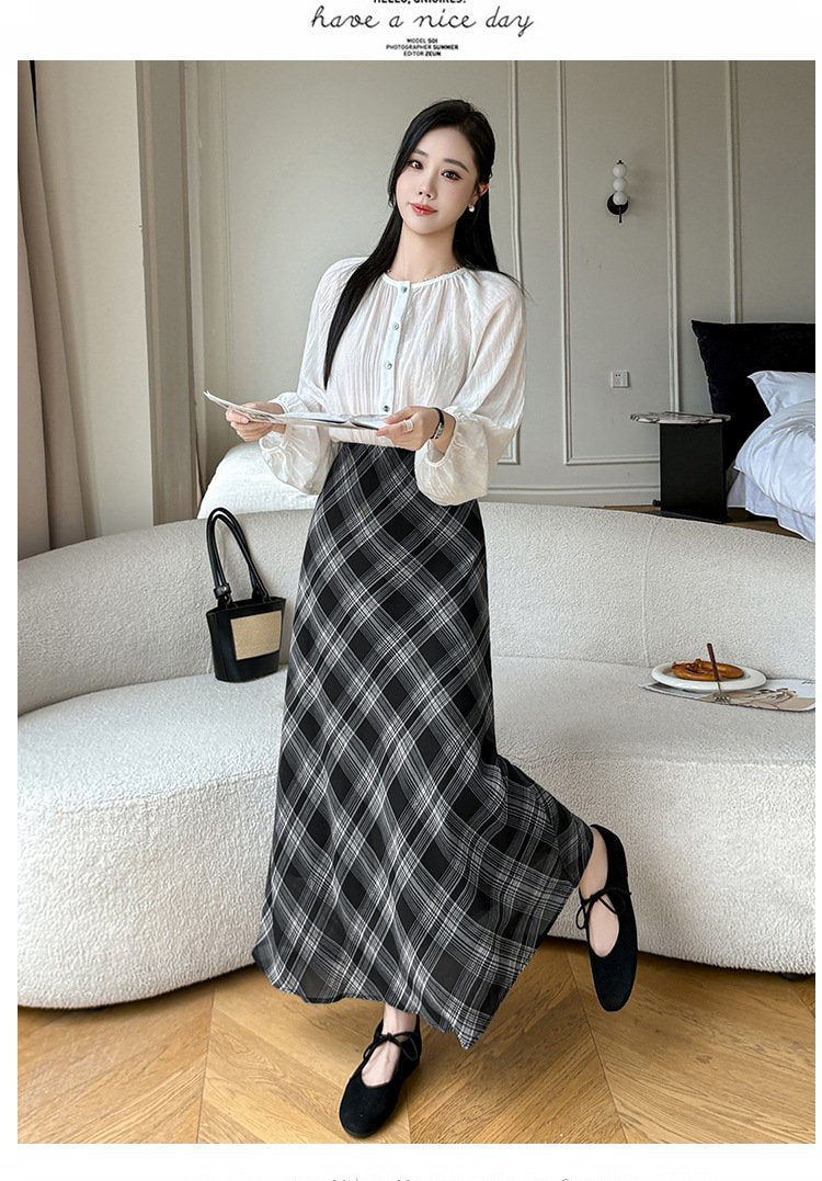 レディース スカート チェック柄 スリム 春夏 カジュアル きれいめ 春 夏 ロング シフォン 切り替えデザイン ハーフ ブルー ハイウエスト ストレッチ ロングスカート