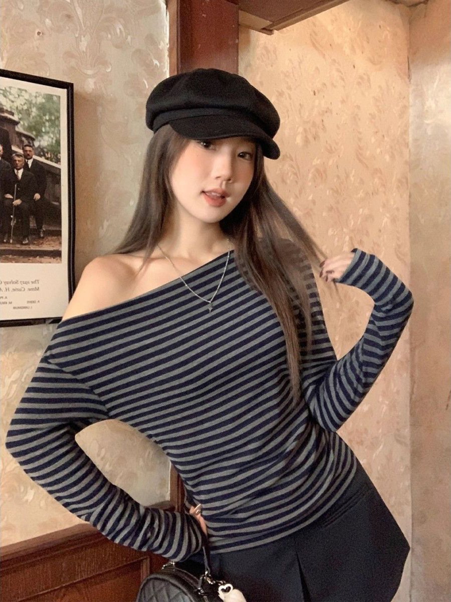 レディース トップス Tシャツ 長袖 ボーダー ストライプ チェック柄 スリム 秋冬 秋 きれいめ 通勤 オフィス 膝丈 タイト 冬 ブラック 細身 ロング グレー シャツ オフショルダー タイ ポリエステル 着痩せ