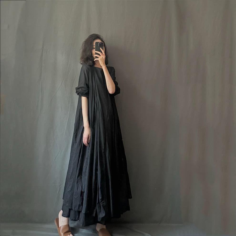 ワンピース 長袖 春夏 カジュアル 体型カバー ミニ 春 夏 ラウンドネック シンプル ロング 薄手 切り替えデザイン