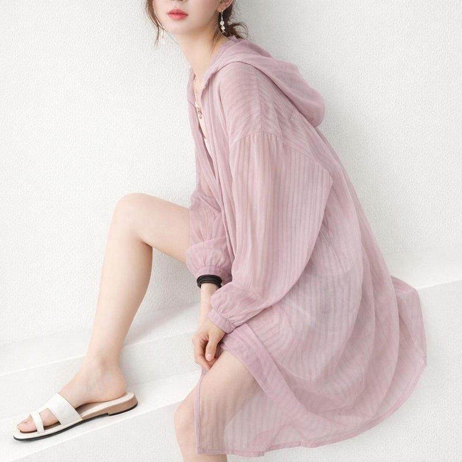 レディース ブラウス シャツ トップス 長袖 無地 ゆったり 春夏 カジュアル 体型カバー 前開き 春 夏 ホワイト 膝丈 シンプル 薄手 カーディガン ピンク ブルー フード タイ ボタン UVカット