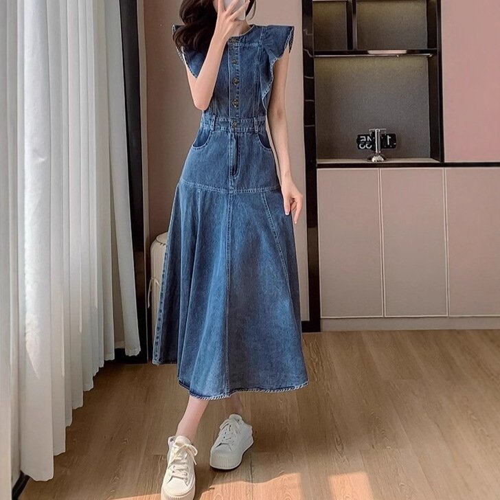 ワンピース ドレス デニム 春 秋 体型カバー 春夏 ラウンドネック 膝下 冬 ロング 上品 フレンチスリーブ ハイウエスト