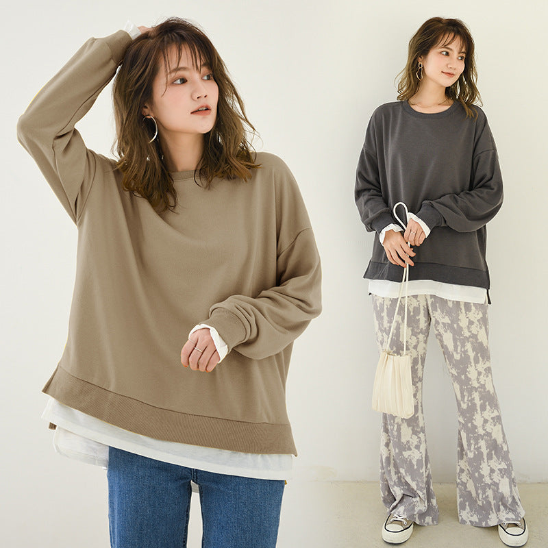 现货6色 日系新款春秋日韩纯色假两件长袖圆领卫衣宽松大码